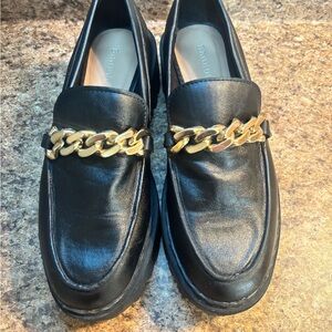 BAMBOO Black Leather Moccasins with Gold Chain Trim